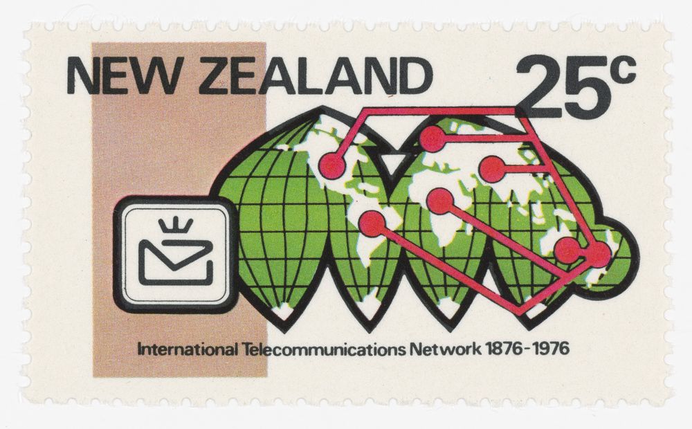 25c stamp showing locations on a map connected in a netwrok with red lines.