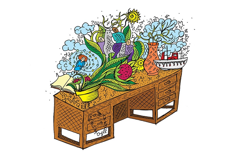 Writers on Mondays, illustration by Greg O’brien Illustration of a desk with colourful swirly images 'growing' off it.