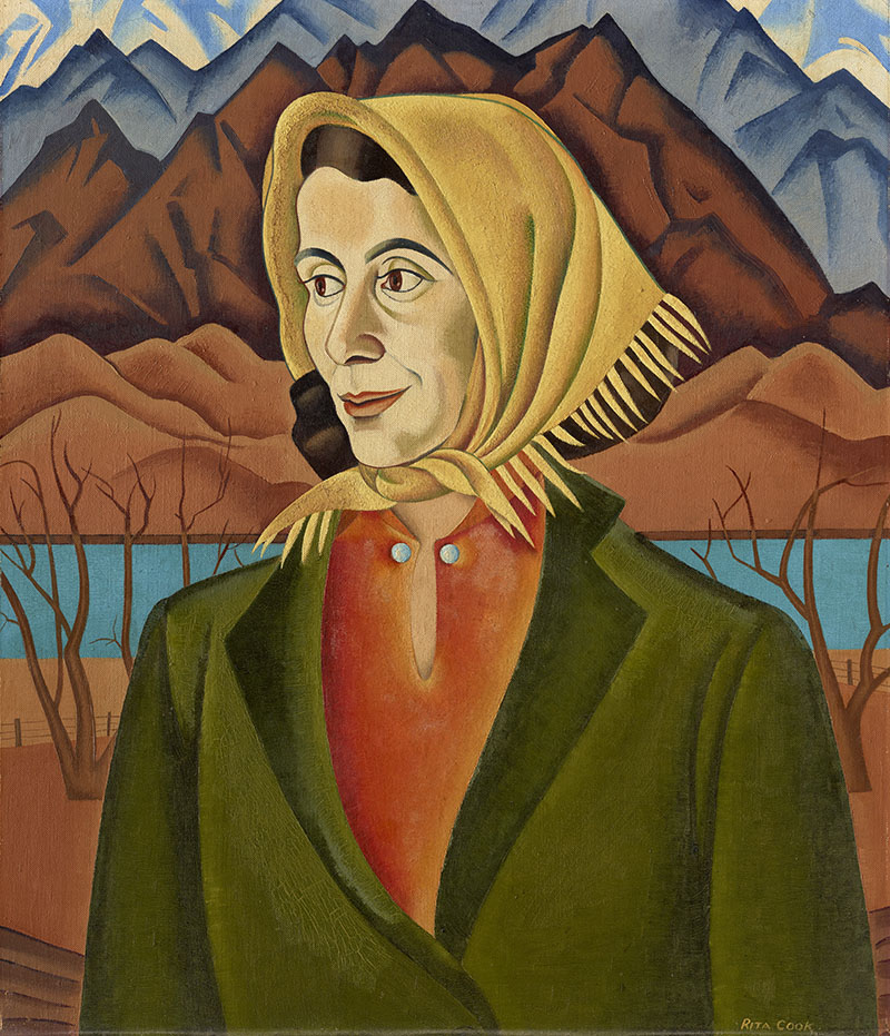 Oil painting of a woman. She is looking to the left out of frame. She is wear a yellow shawl, an orange blouse, and a dark green jacket. Behind her are imposing mountains and a river