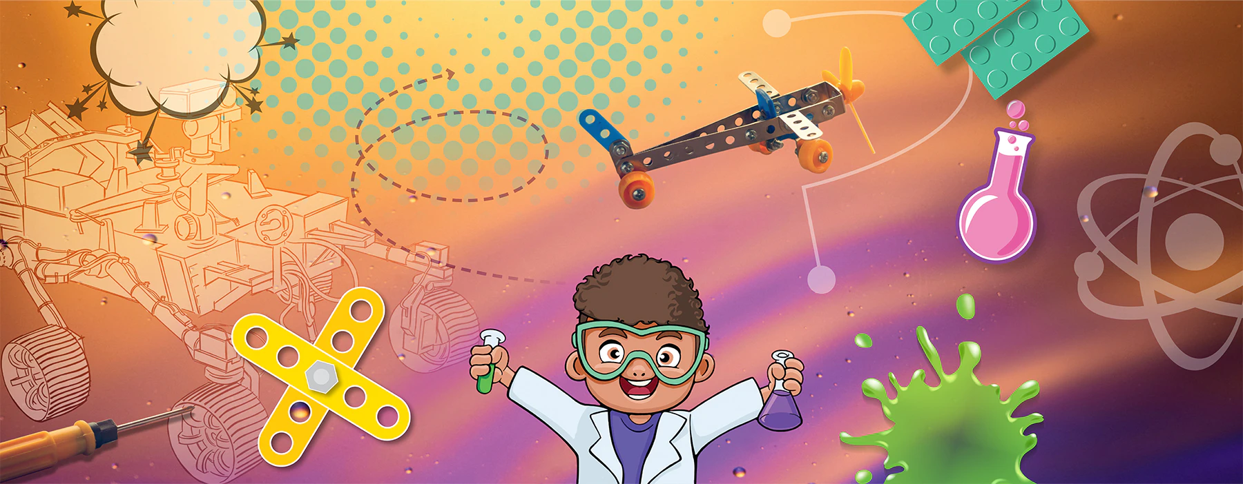 A cartoon illustration of a child dressed in a lab coat with a lot of things you might find in a science lab floating around them.