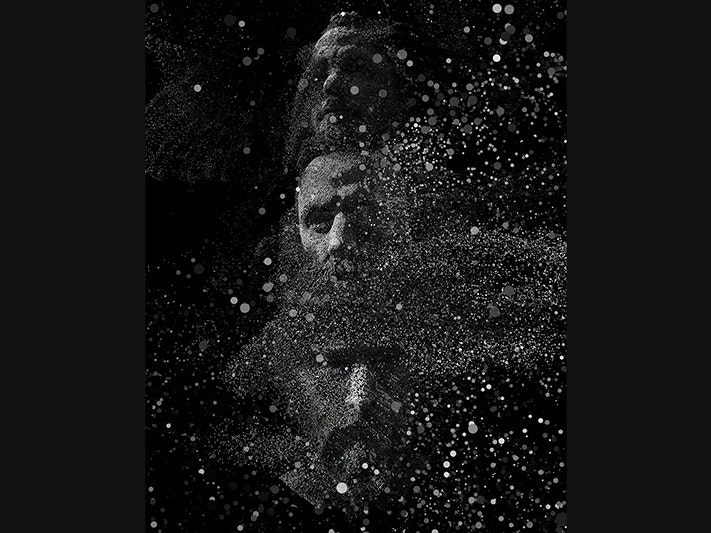 Marshmallow Laser Feast (courtesy of the artists) A composite photo of three heads on top of each others. There are lots of dots covering them.