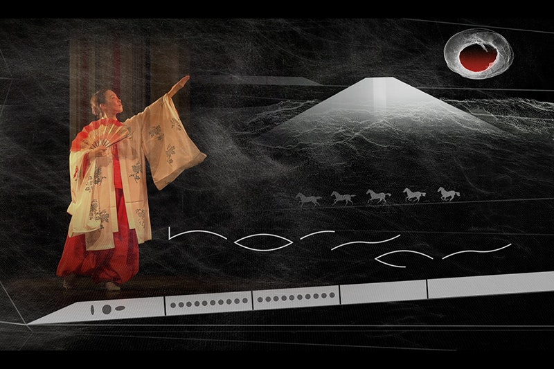 Promotional image of Horses, courtesy of Daniel Belton A person in Chinese cultural clothing is gesturing towards a stylised image of a snowy mountain and a red sun. There are five horses at the base of the mountain.
