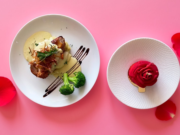 Te Papa Cafe, Valentine’s Day Specials, 2026. Photo by Caitlin Dorrington. Te Papa (276583) A top-down view of two plates of food. One has a savoury course and one has a dessert.