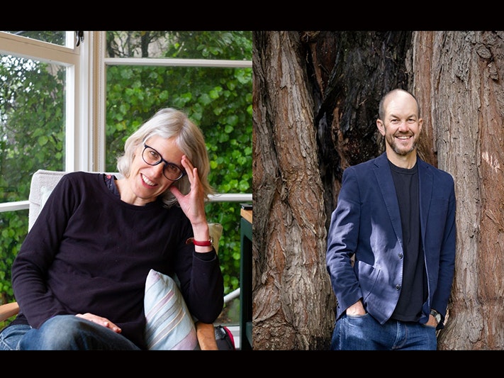 Left: Ingrid Horrocks, photo by Robert Cross. Right: Lawrence Patchett, photo by Janneth Gil Split photo of two people smiling at the camera. One is sitting down inside, and one is standing by a tree.