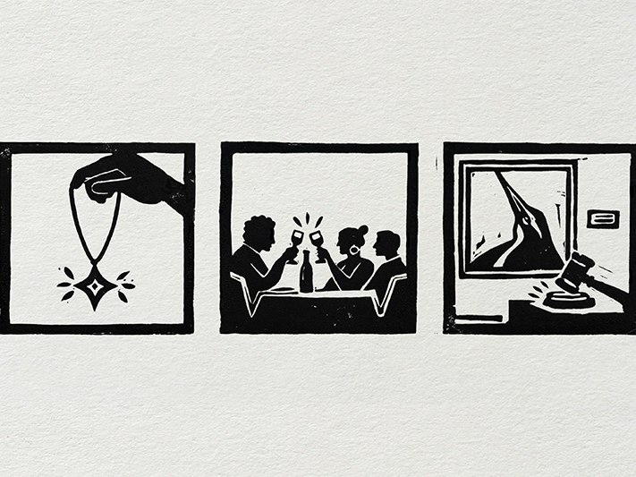 Te Papa Foundation Gala, lino print by Victoria Saunders, 2026. Te Papa (28441) A lino cut of three separate images, one hand holding a sparkling necklace, three people cheering with drinks at a table, and one of a picture of a bird, and a gavel banking on a table.