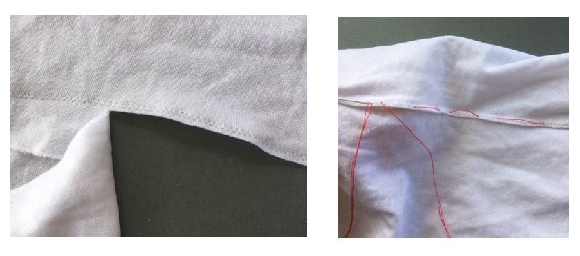 Two photos of sewn material. Left is white linen with white stitching, right is white linen with red hand stitching.