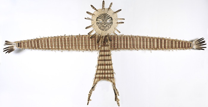 Manu-aute (kite), titled ’Kimihia Te Manu Kahu’, 1997, by Papahuia Flax Papers Artist Collective. Purchased 1998. Te Papa (ME016932)