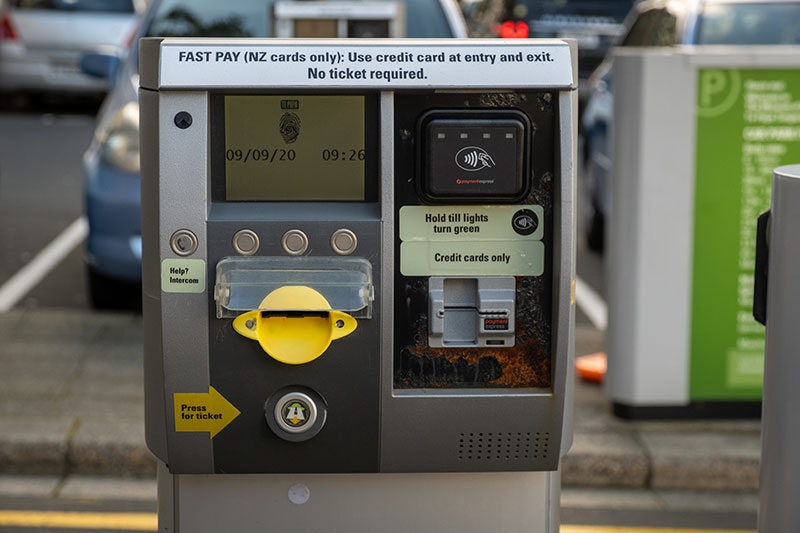Close up of the machine that dispenses car park tickets