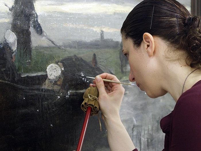 Painting undergoing conservation work, 2013. Photo by Michael Hall © Te Papa Painting undergoing conservation work