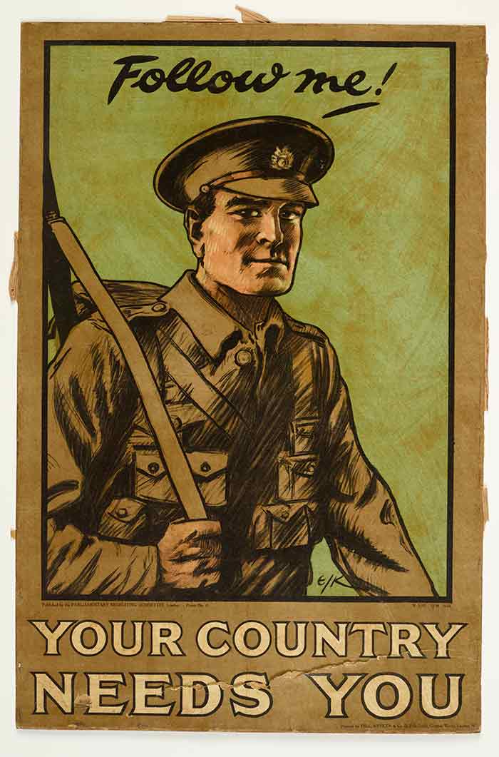 Poster, ’Follow me!’, November 1914, United Kingdom, by E J Kealey, Parliamentary Recruiting Committee, Hill, Siffken & Co. (L.P.A. Ltd.). Gift of Department of Defence, 1919. Te Papa (GH016317)