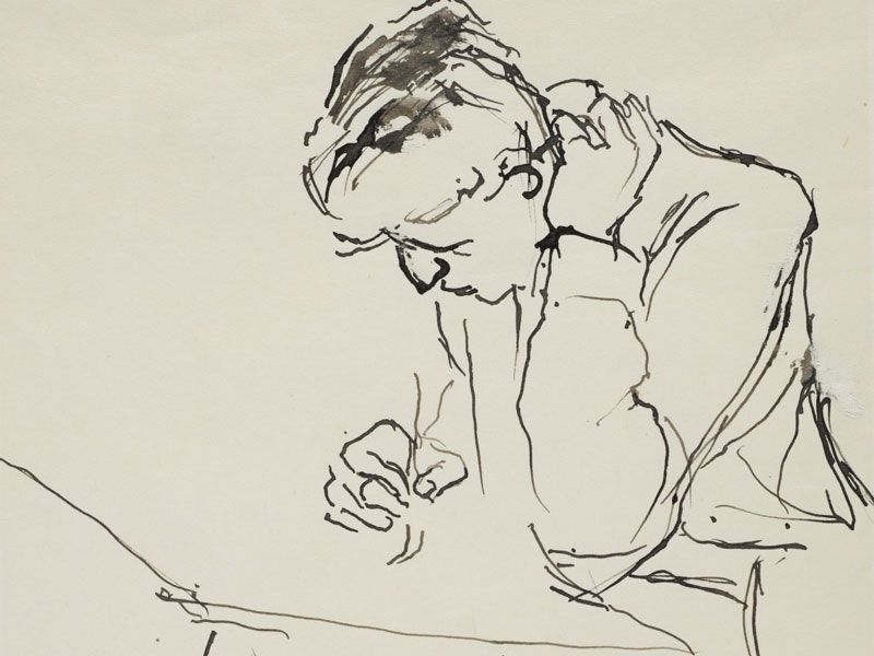 A line drawing of a man at a table writing