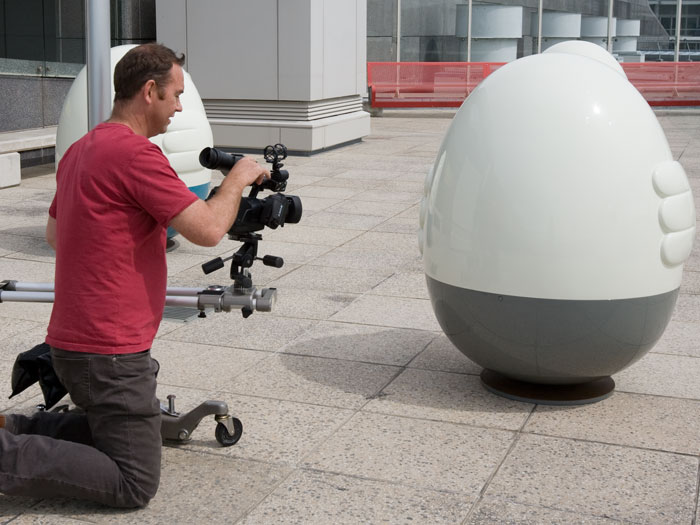 Filming at the Oddooki exhibition. Photograph by Julie-Ann Larsen. Oddooki, 2008, Auckland, by Seung Yul Oh. Purchased 2009. Te Papa (2009-0025-1/1 to 5)