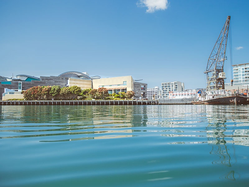 Low shot of Te Papa from the harbour, which dominates the bottom half of the image, with a boat on the right-hand side