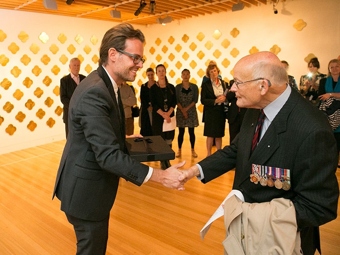 A veteran at the opening of the Max Gimblett Remembrance exhibition