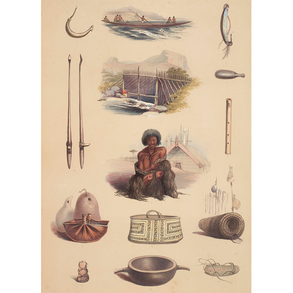 Water colour picturing different Māori fishing and gardening tools
