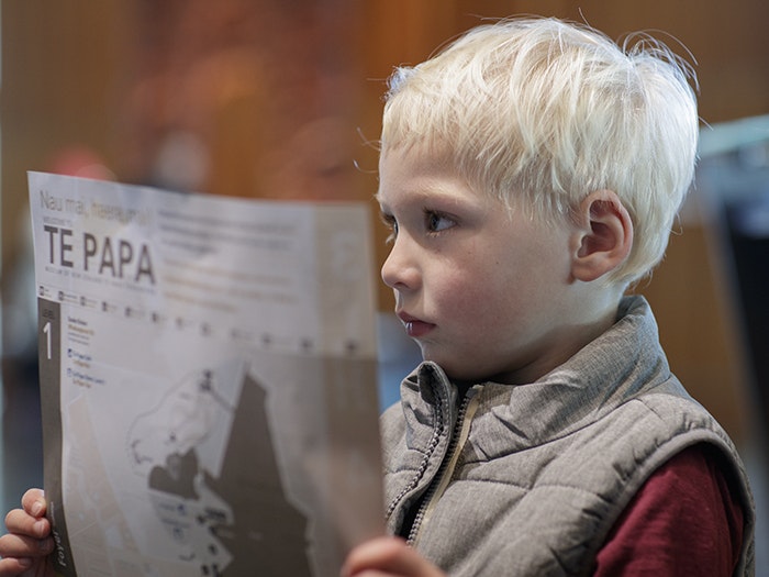 A little boy holds a Te Papa map