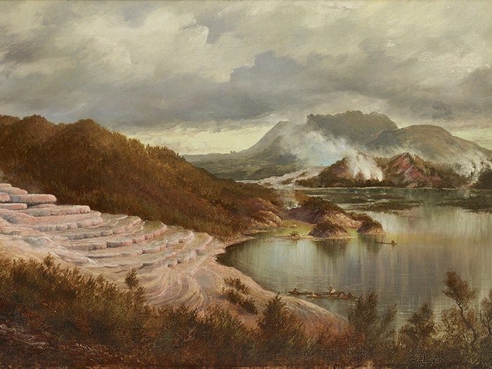 Oil on canvas painting of the Pink Terraces 1885