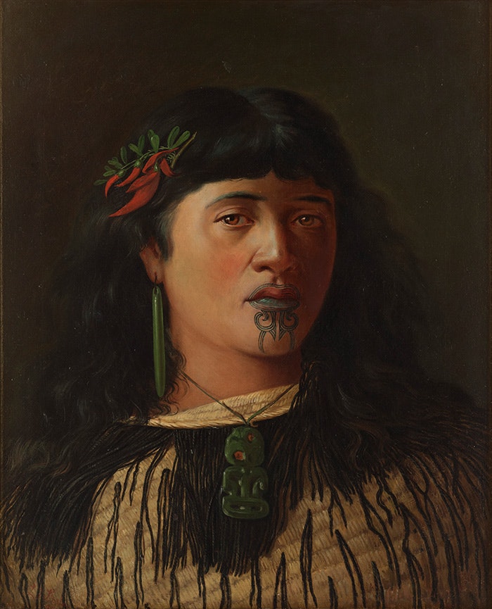 Oil painting titled Portrait of a young Maori woman with moko