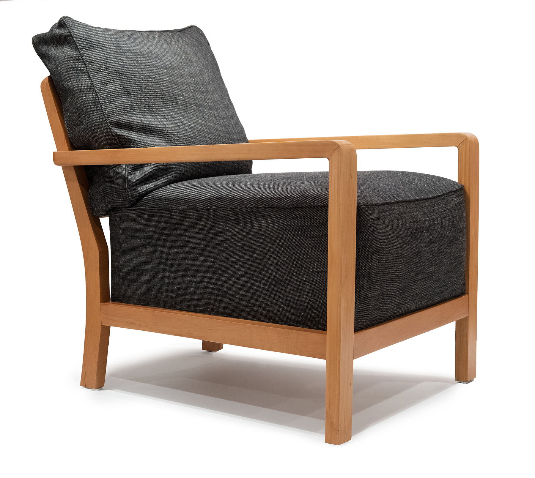 Wooden chair with think black seat cushions