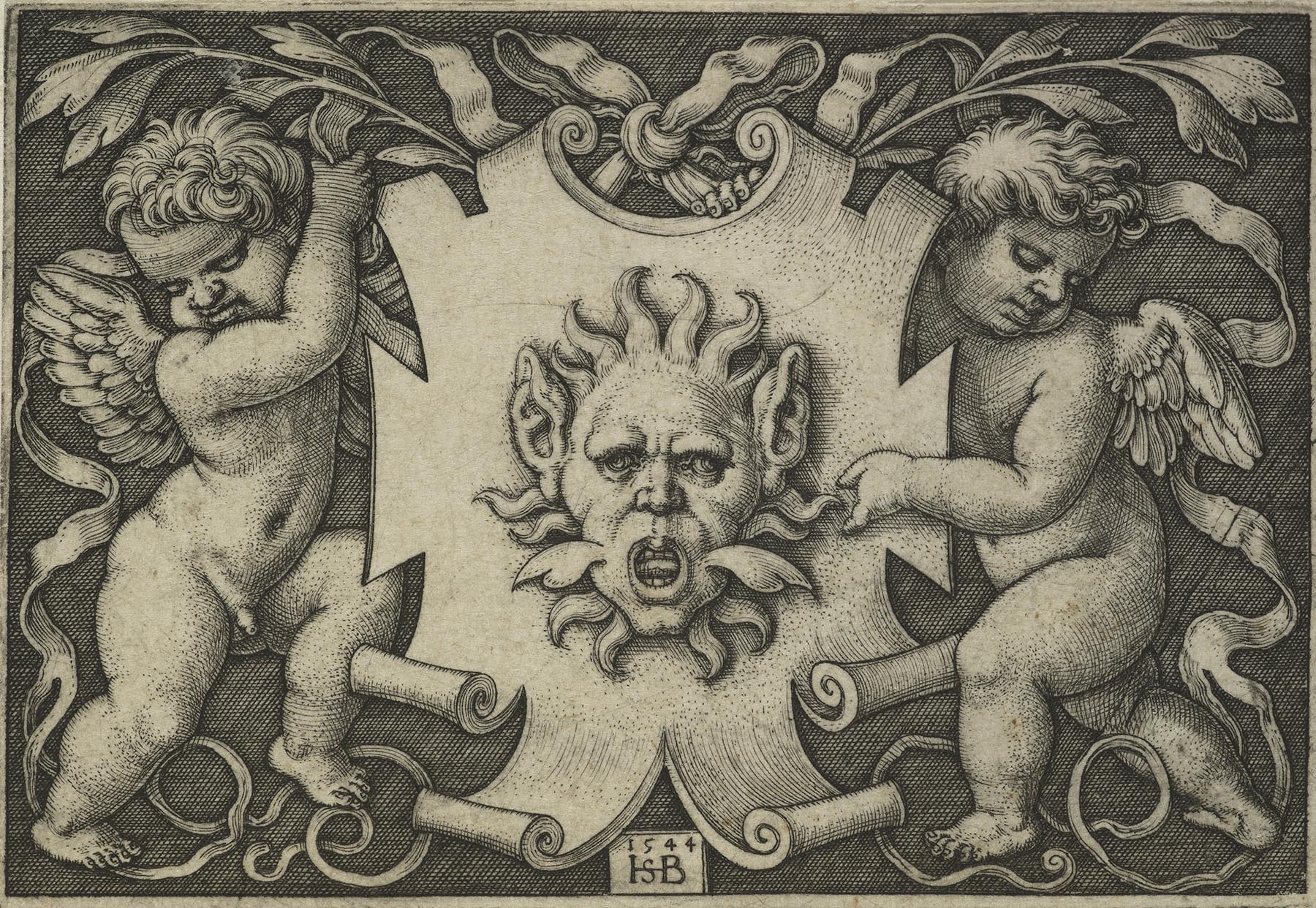 Hans Sebald Beham, A mask held by two genii
