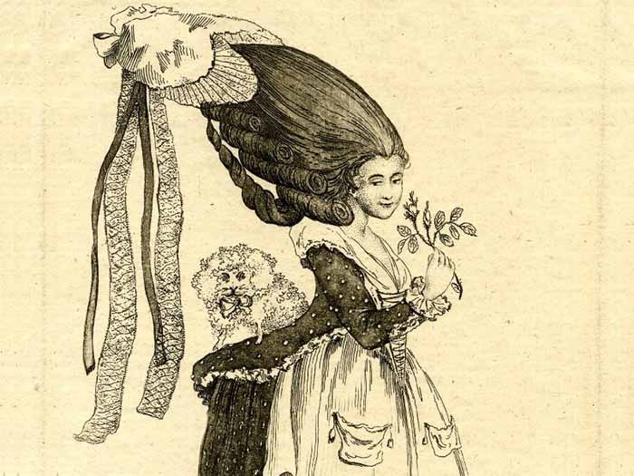 A illustration of a lady in the 18th century with a 'cork rump' so large her dog can sit on it