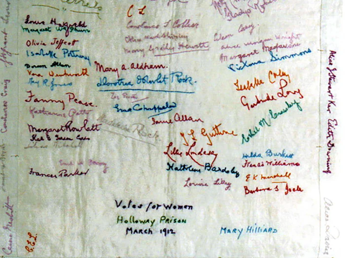Handkerchief featuring the embroidered signatures of Frances Parker and 65 fellow suffragettes who were held at Holloway Prison, 1912