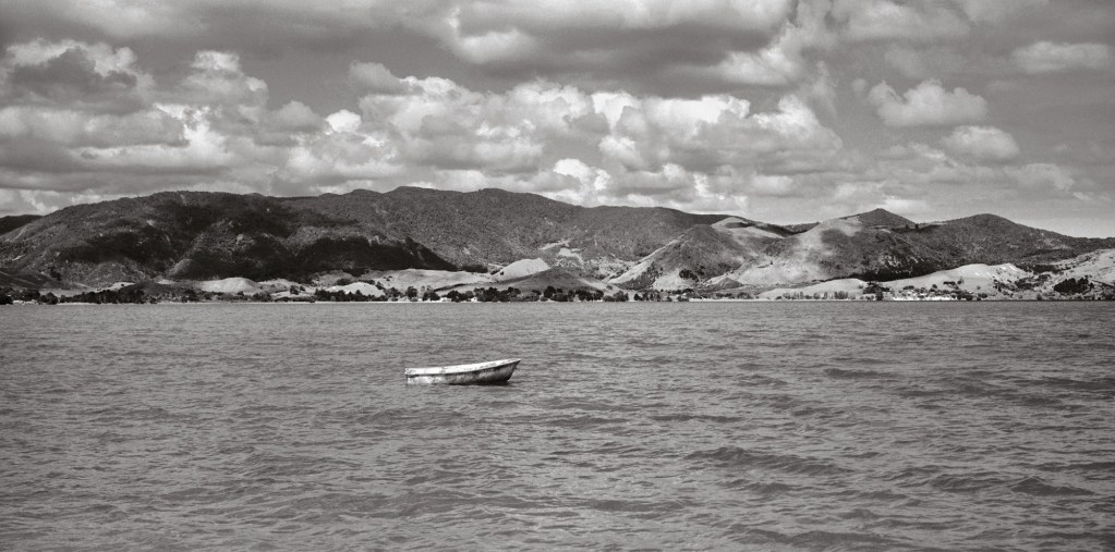 Black and white photograph of Pākanae (fish trap), Hokianga, Northland