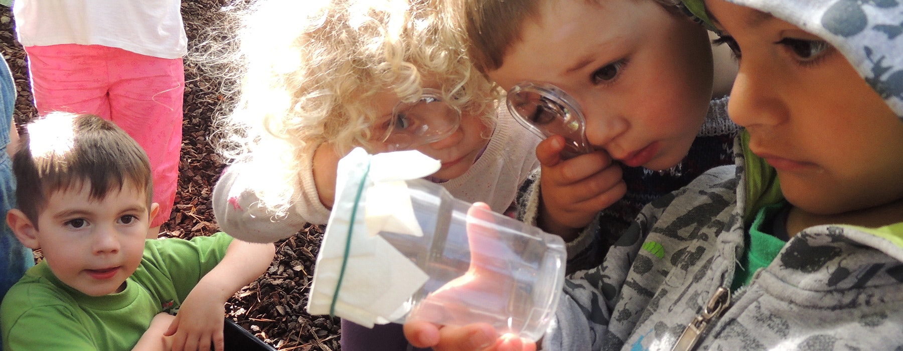 Young children using a magnifying glass to look at bugs