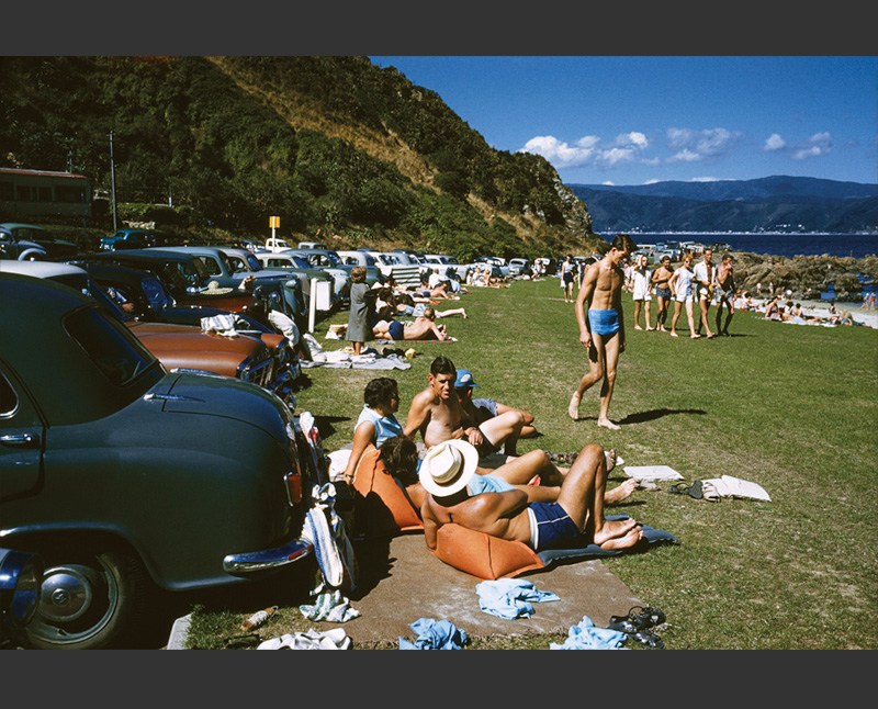 Photograph of people enjoying the sun at Scorching Bay, Wellington by Brian Brake