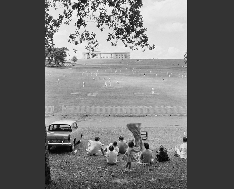 Photograph of a cricket match at Auckland Domain in 1960 by Brian Brake