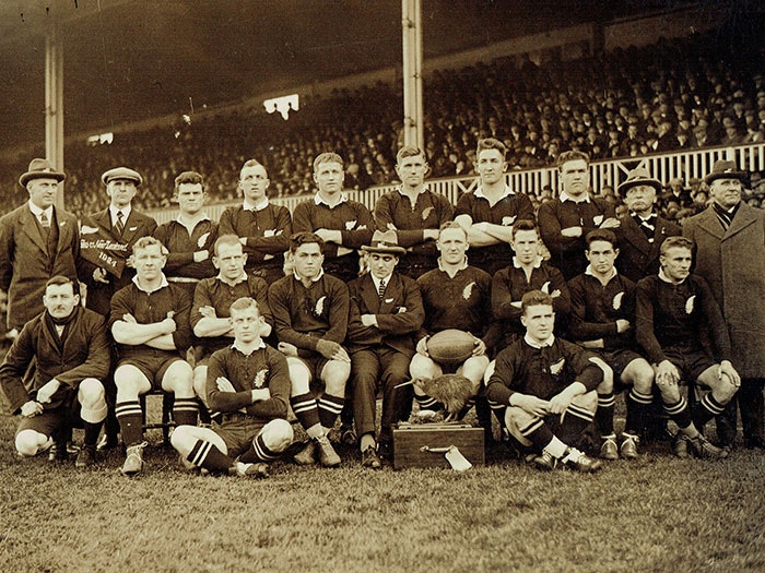 The 1924 ‘Invincibles’ All Blacks team. George Nepia is seated in the front row, fourth from the left. Photograph courtesy of New Zealand Rugby Museum 1924-allblacks-700x525_0.jpg