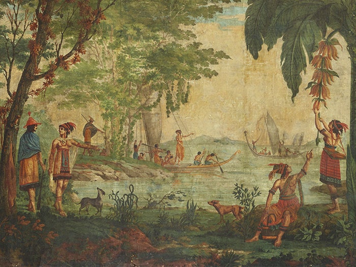 Detail of Les Sauvages de la Mer Pacifique (The native peoples of the Pacific Ocean), 1804-5, Mâcon, by Mr Jean-Gabriel Charvet, Mr Joseph Dufour. Purchased 2015 with Charles Disney Art Trust funds. Te Papa (2015-0048-1) dufour-upclose-700x525.jpg