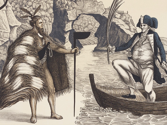 Drawing of Captain Cook and a Māori meeting