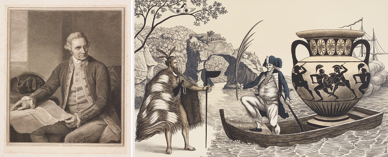 An illustration of Captain Cook next to a modern more cartoon-like drawing