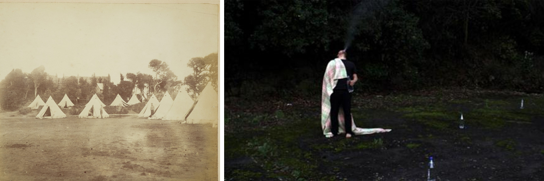 Tents at Paihaka village next to a still from a digital video of a man drinking and smoking