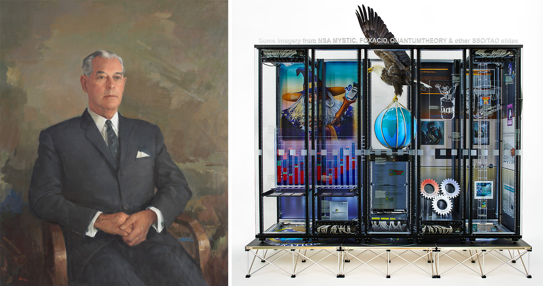 An oil painting Prime Minister Keith Holyoake next to a modern art piece by Simon Denny which is made up of bits of computers
