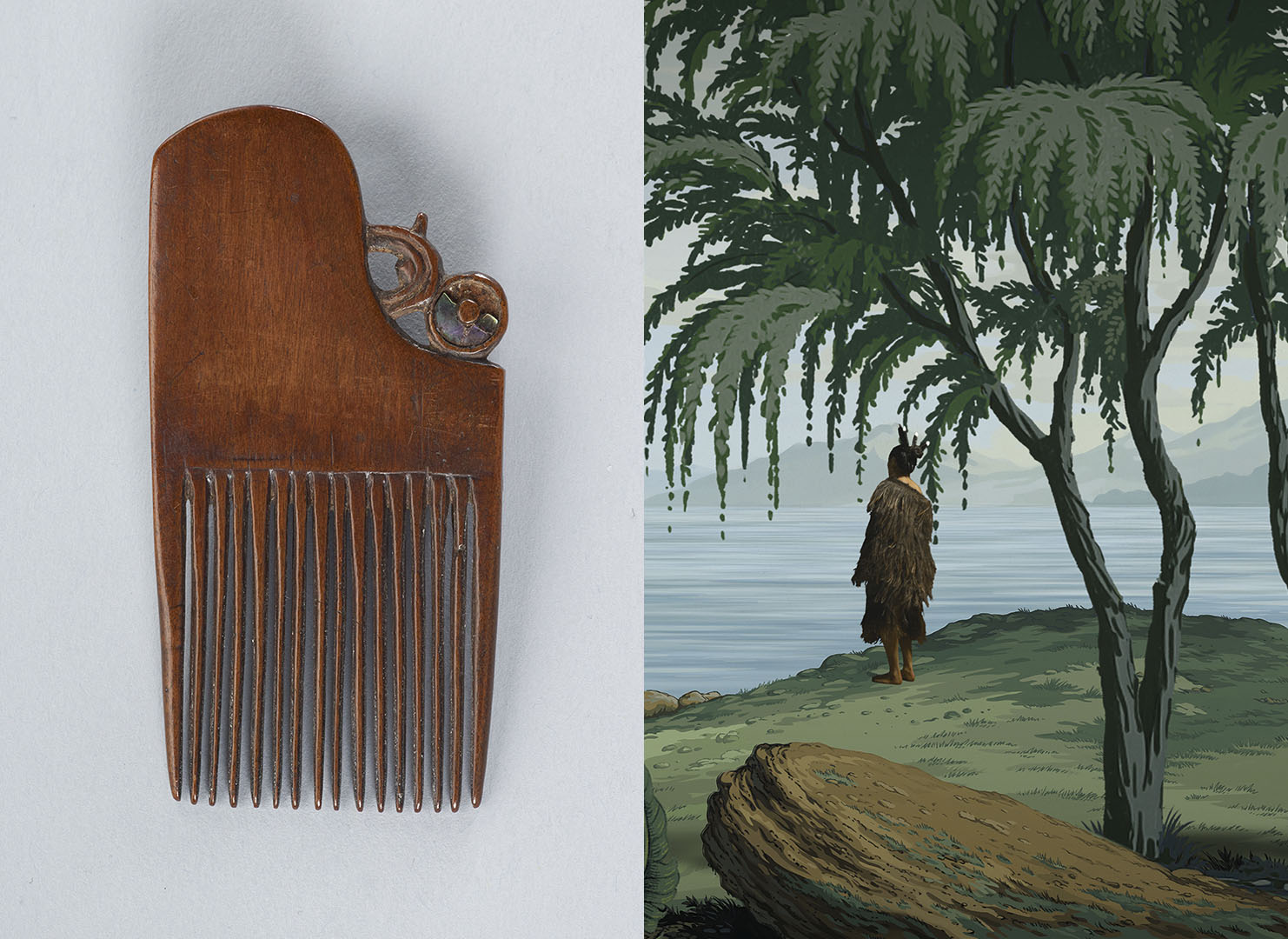 A man from Lisa Reihana's work has a comb in his hair - on the left is a similar comb from Te Papa's collections