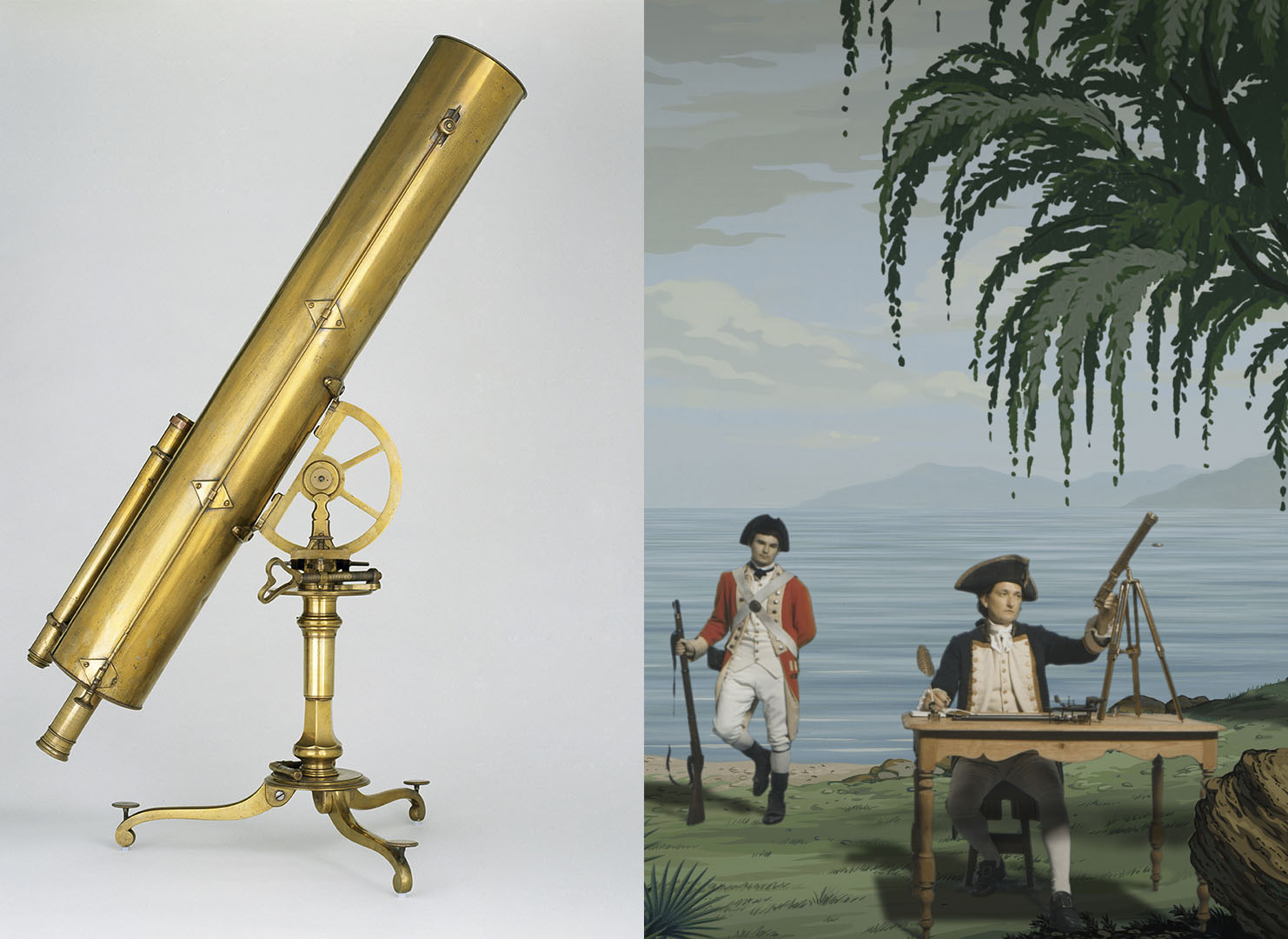 On the left, a brass telescope from the 1700s, on the right, in a still from in Pursuit of Venus [infected], a man playing James Cook sits at his desk writing, while looking at his telescope