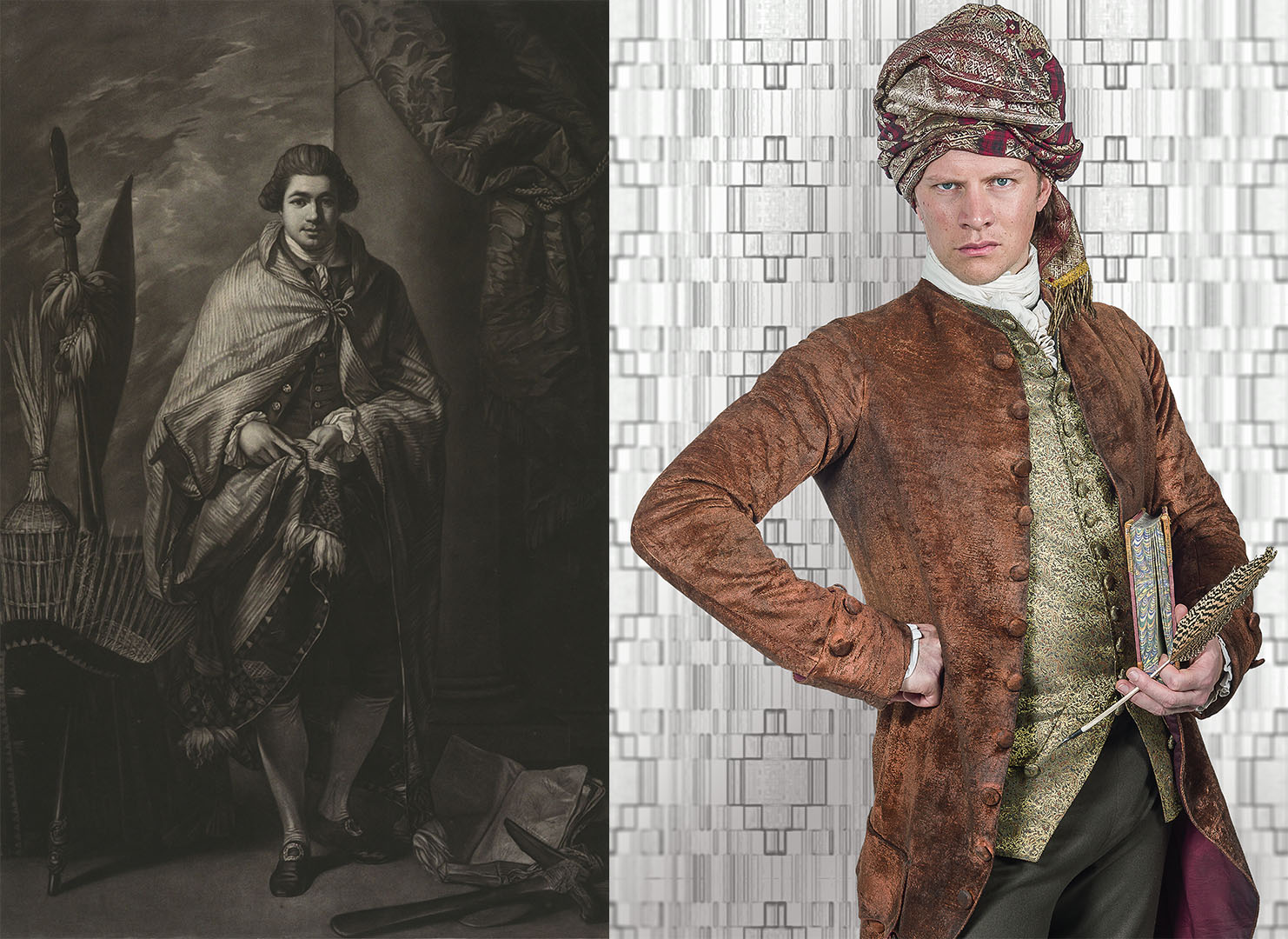 On the left, an illustration of Joseph Banks, on the right, a character poses as Joseph Banks