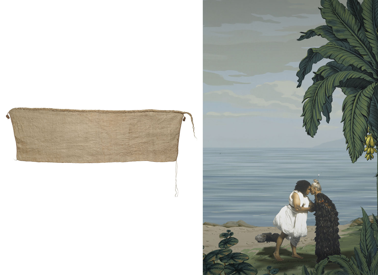 On the left is a woven cloak, on the right is a still from in Pursuit of Venus [infected] showing two people participating in a hongi