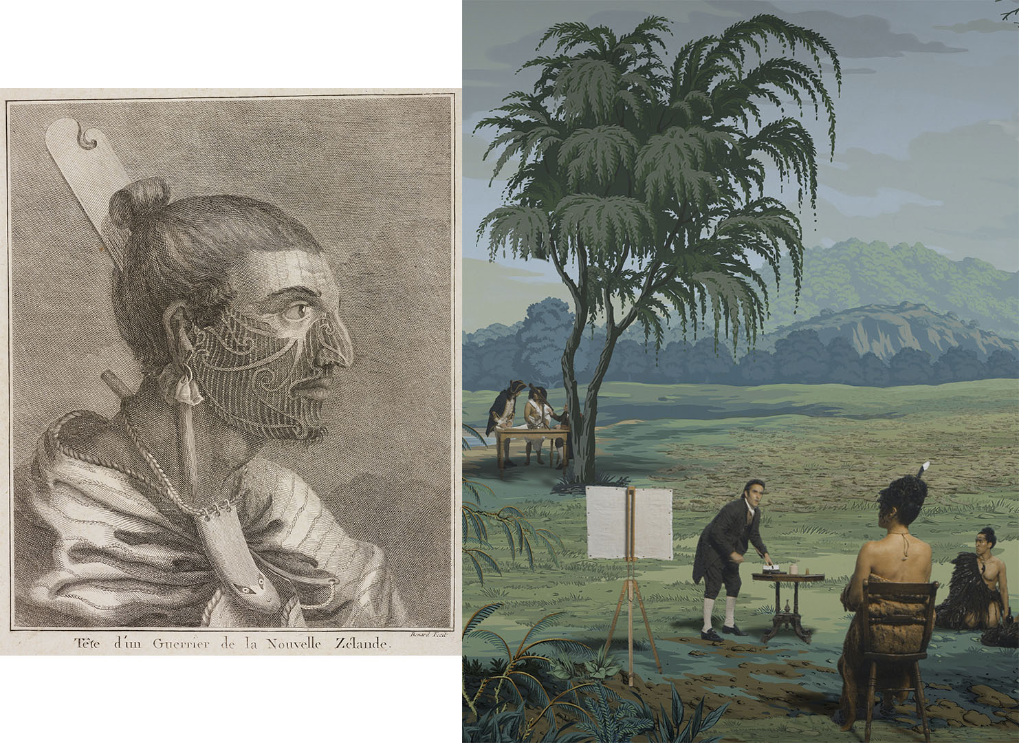 On the left is an illustration a man showing Tā moko, on the right in a still from in Pursuit of Venus [infected] shows a man posing for a portrait