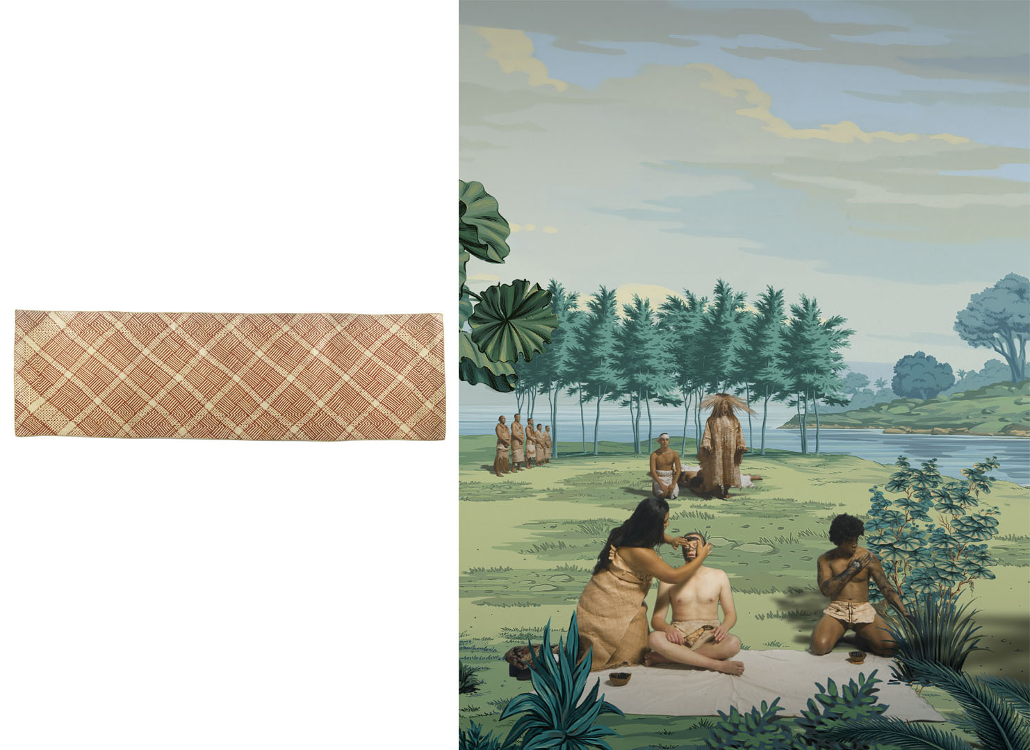 A woven sleeping mat collected by Captain Cook next to a still from Lisa Reihana's work that features a similar sleeping mat