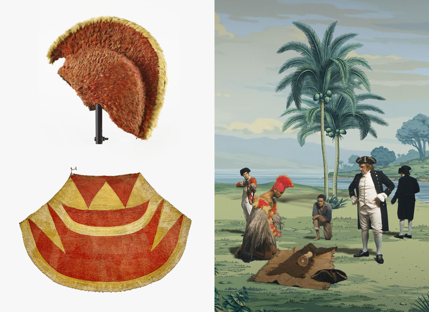 On the left is a bright orange feathered helmet and cloak, on the right is a still from Lisa Reihana's in Pursuit of Venus [infected] showing a man wearing these items