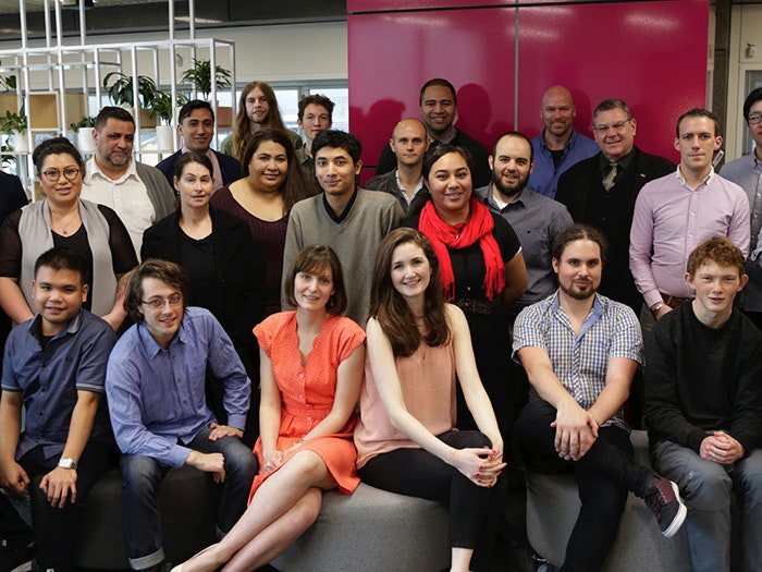 2017 Mahuki cohort with Tui Te Hau, Mahuki General Manager. Credit Michelle Kan, Te Papa. All the Mahuki teams sat together