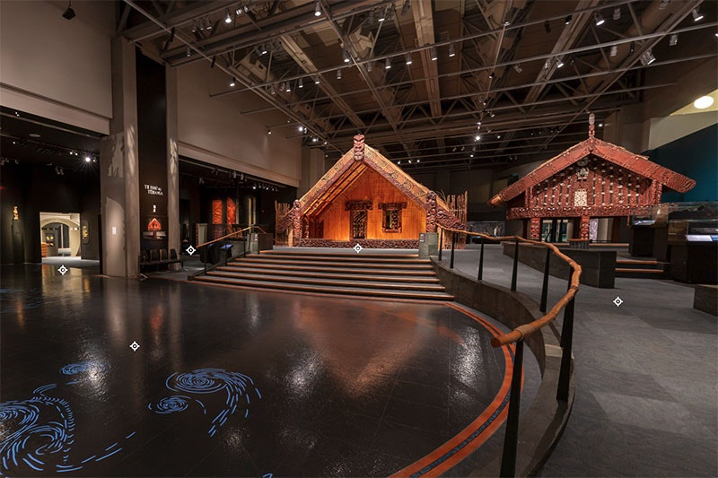 General view of the Ko Rongowhakaata exhibition, showing a Māori meeting house