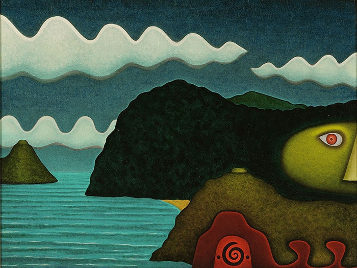 A painting of a stylised harbour and land. There is a green face on the right hand side with one large eye.