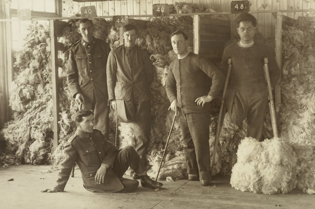 Five soldiers in a wool shed