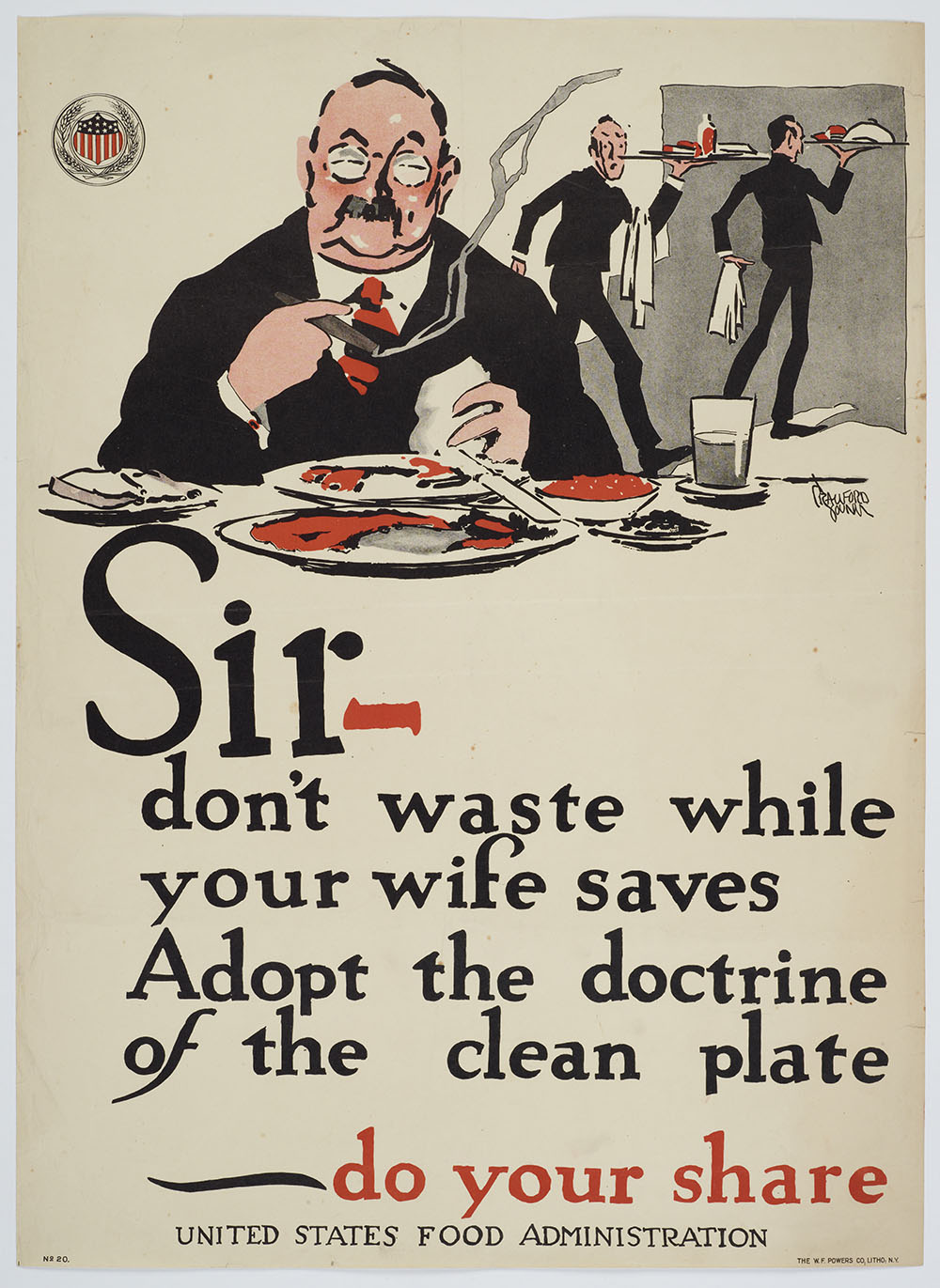 Poster with the word 'Sir, don't waste while your wife saves, adopt the doctrine of the clean plate - do your share'