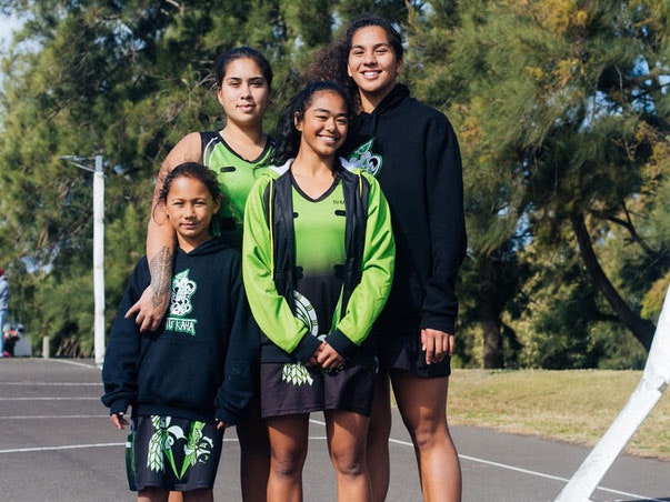 Daisy Kennedy-Holtz (Ngāti Rehia, Wiradjuri), Leilani Tua (Ngāti Porou, Ngā Puhi), Donia Shamia (Ngā Puhi, Egyptian), and Peyton Holtz (Ngāti Rehia). Photograph by Chev Hassett, courtesy of The Wireless Daisy Kennedy-Holtz, Leilani Tua, Donia Shamia, and Peyton Holtz