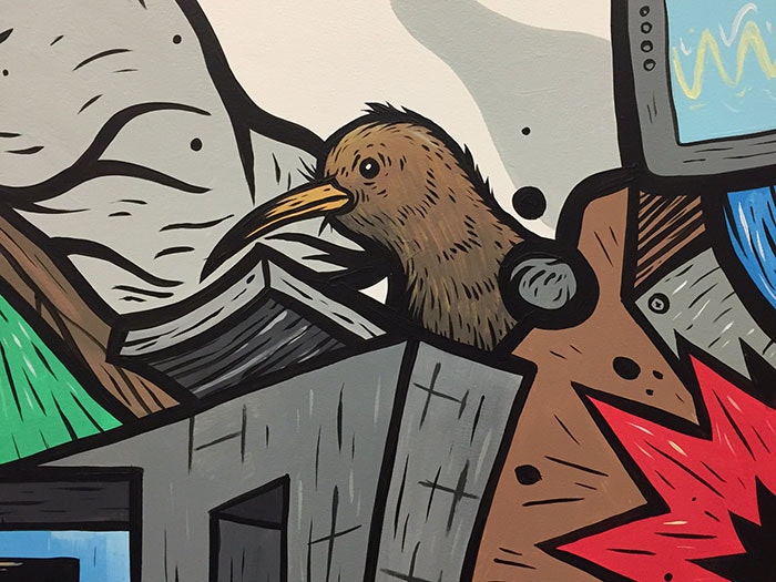 Close-up of a wall illustration, focusing on the kiwi